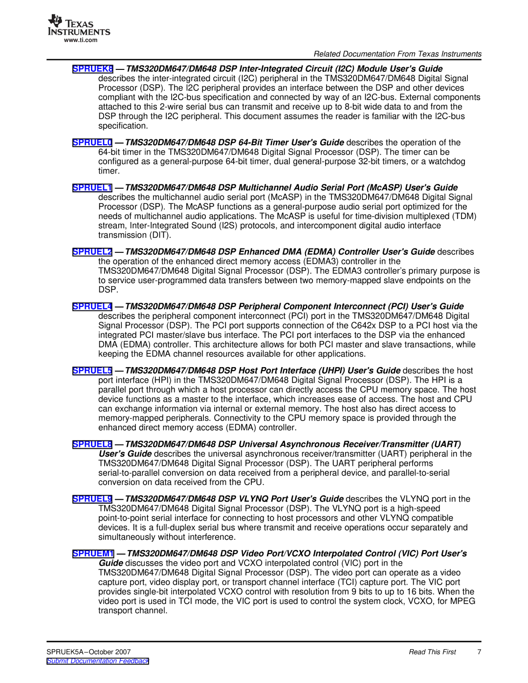 Texas Instruments DM648 DSP, TMS320DM647 manual Related Documentation From Texas Instruments 