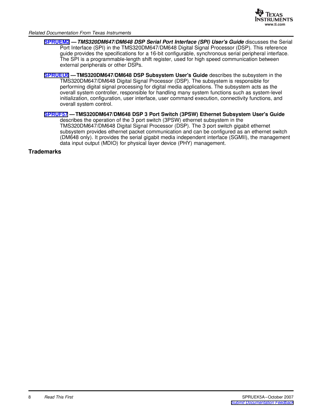 Texas Instruments TMS320DM647, DM648 DSP manual Trademarks 