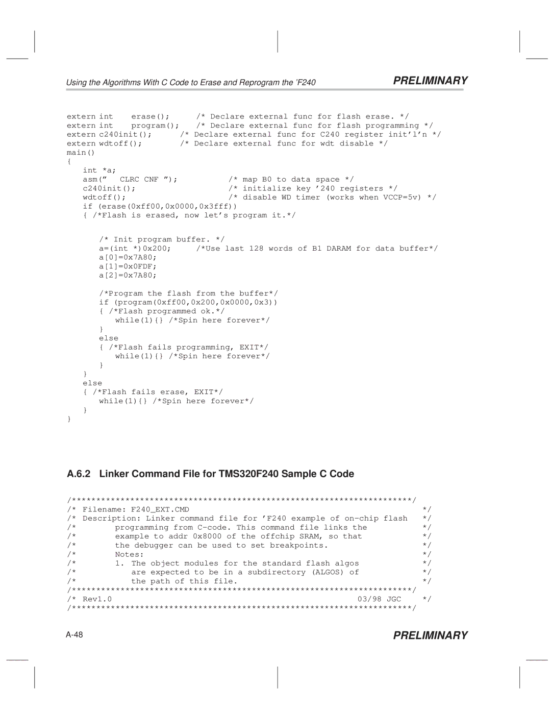 Texas Instruments TMS320F20x/F24x DSP manual Linker Command File for TMS320F240 Sample C Code 