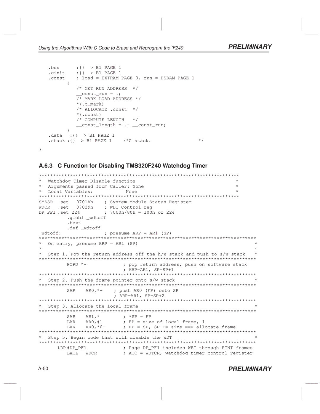 Texas Instruments TMS320F20x/F24x DSP manual Function for Disabling TMS320F240 Watchdog Timer, Compute Length, Lacl Wdcr 