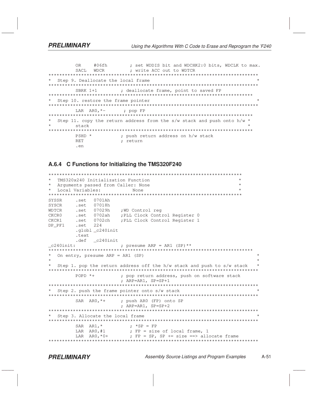 Texas Instruments TMS320F20x/F24x DSP manual Functions for Initializing the TMS320F240, Sacl Wdcr, Pshd, Syscr, Wdtcr 