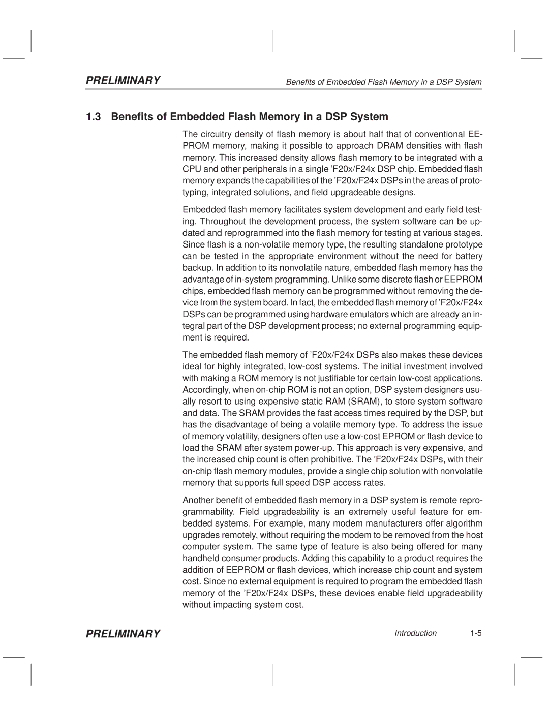 Texas Instruments TMS320F20x/F24x DSP manual Benefits of Embedded Flash Memory in a DSP System 