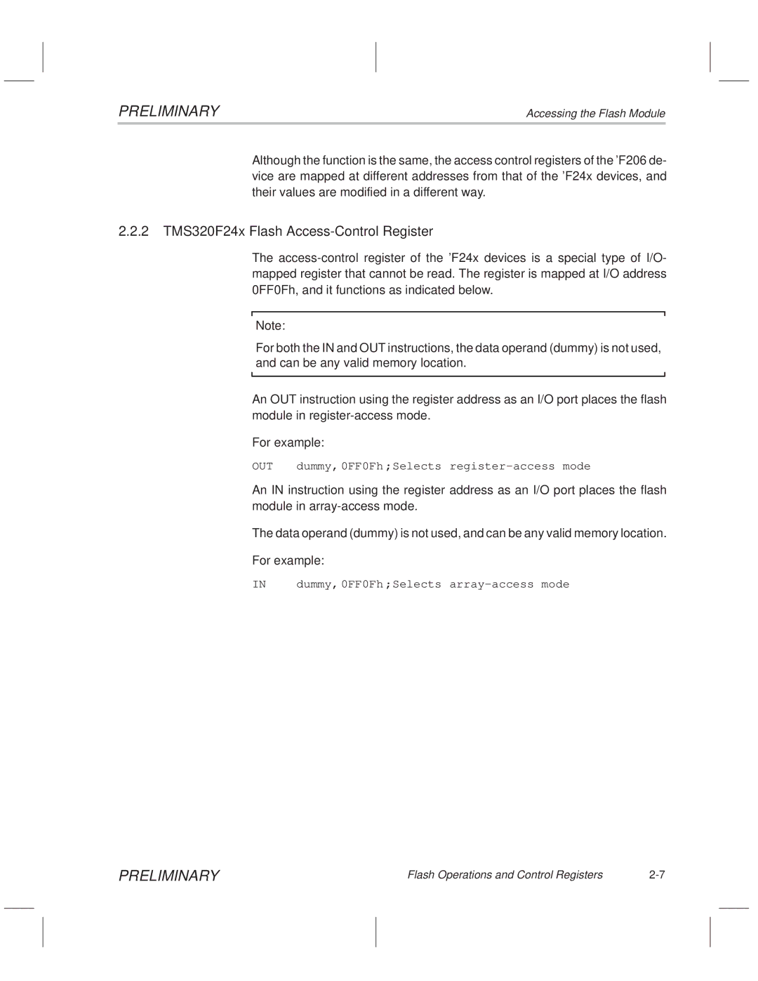 Texas Instruments TMS320F20x/F24x DSP manual 2 TMS320F24x Flash Access-Control Register, Out 