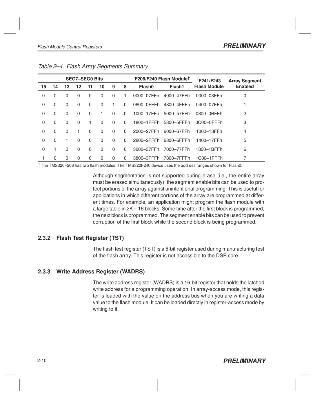 Texas Instruments TMS320F20x/F24x DSP manual Flash Test Register TST, Write Address Register Wadrs 