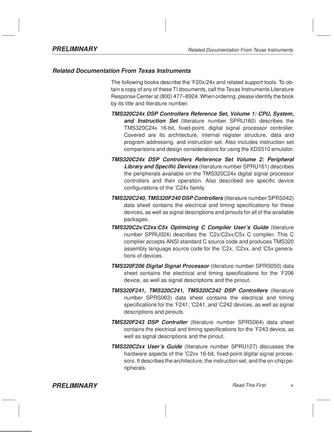 Texas Instruments TMS320F20x/F24x DSP manual Related Documentation From Texas Instruments 