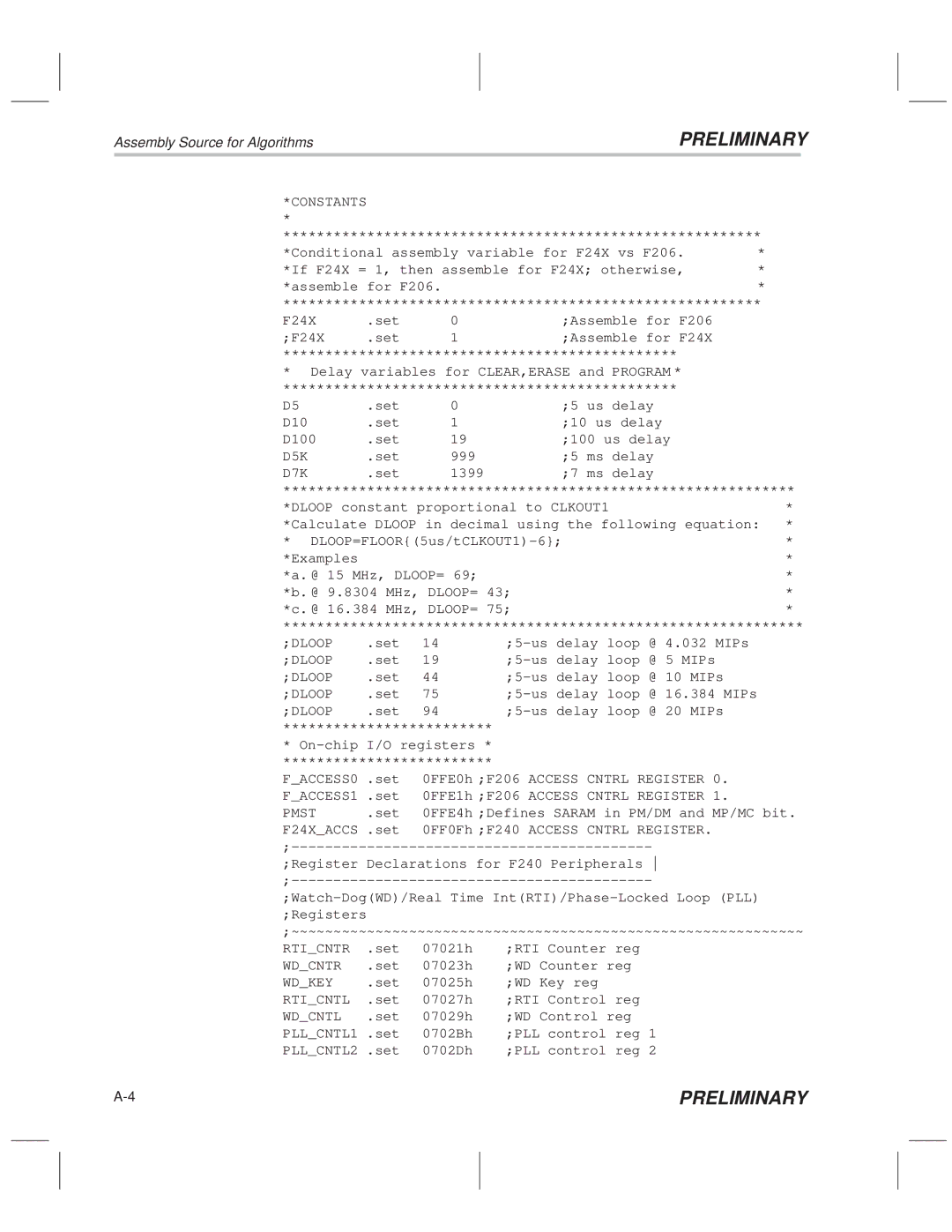 Texas Instruments TMS320F20x/F24x DSP manual Constants, D5K, D7K, Dloop, Pmst, Rticntr, Wdcntr, Wdkey, Rticntl, Wdcntl 