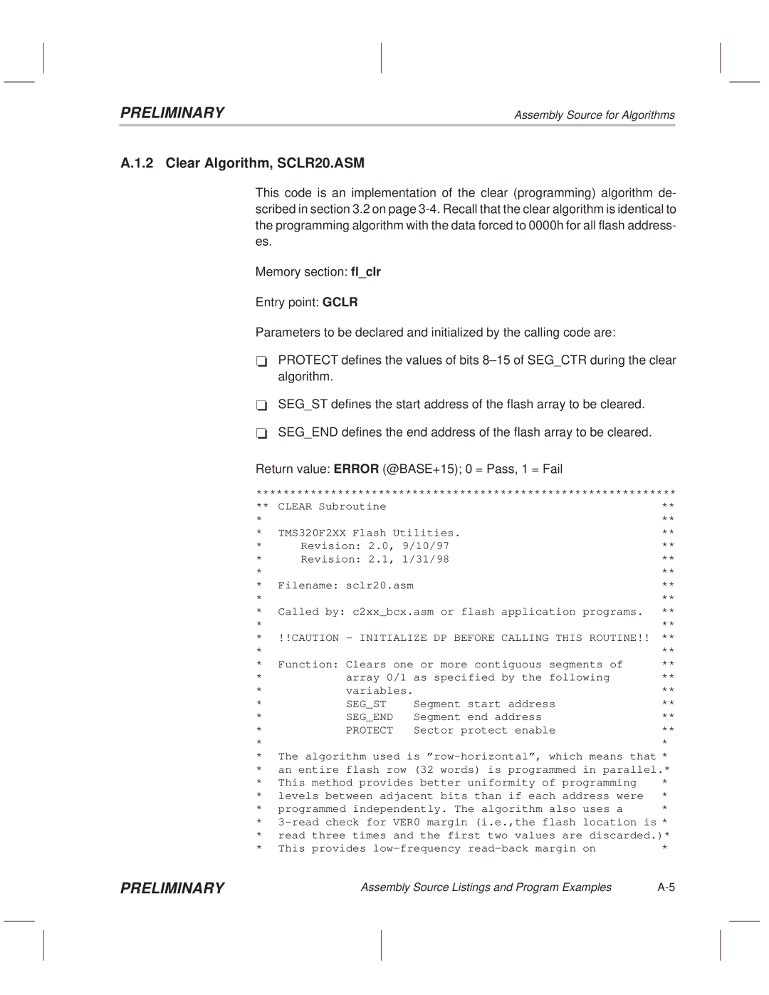 Texas Instruments TMS320F20x/F24x DSP manual Clear Algorithm, SCLR20.ASM, Segst, Segend, Protect 