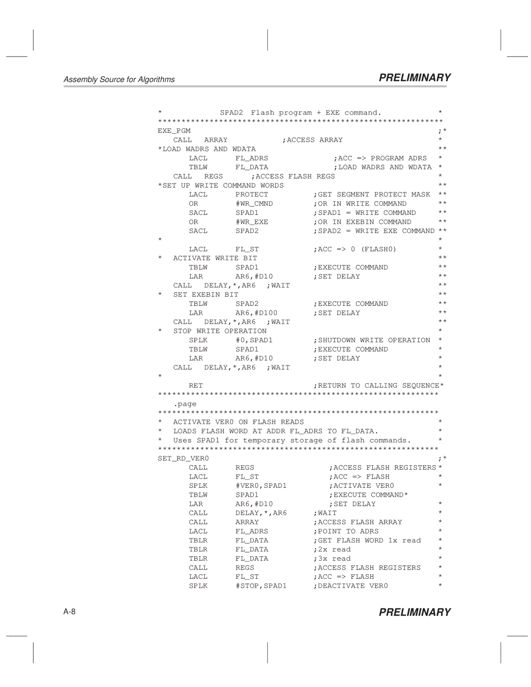 Texas Instruments TMS320F20x/F24x DSP manual Activate Write BIT Tblw SPAD1 Execute Command LAR, Tblr Fldata 