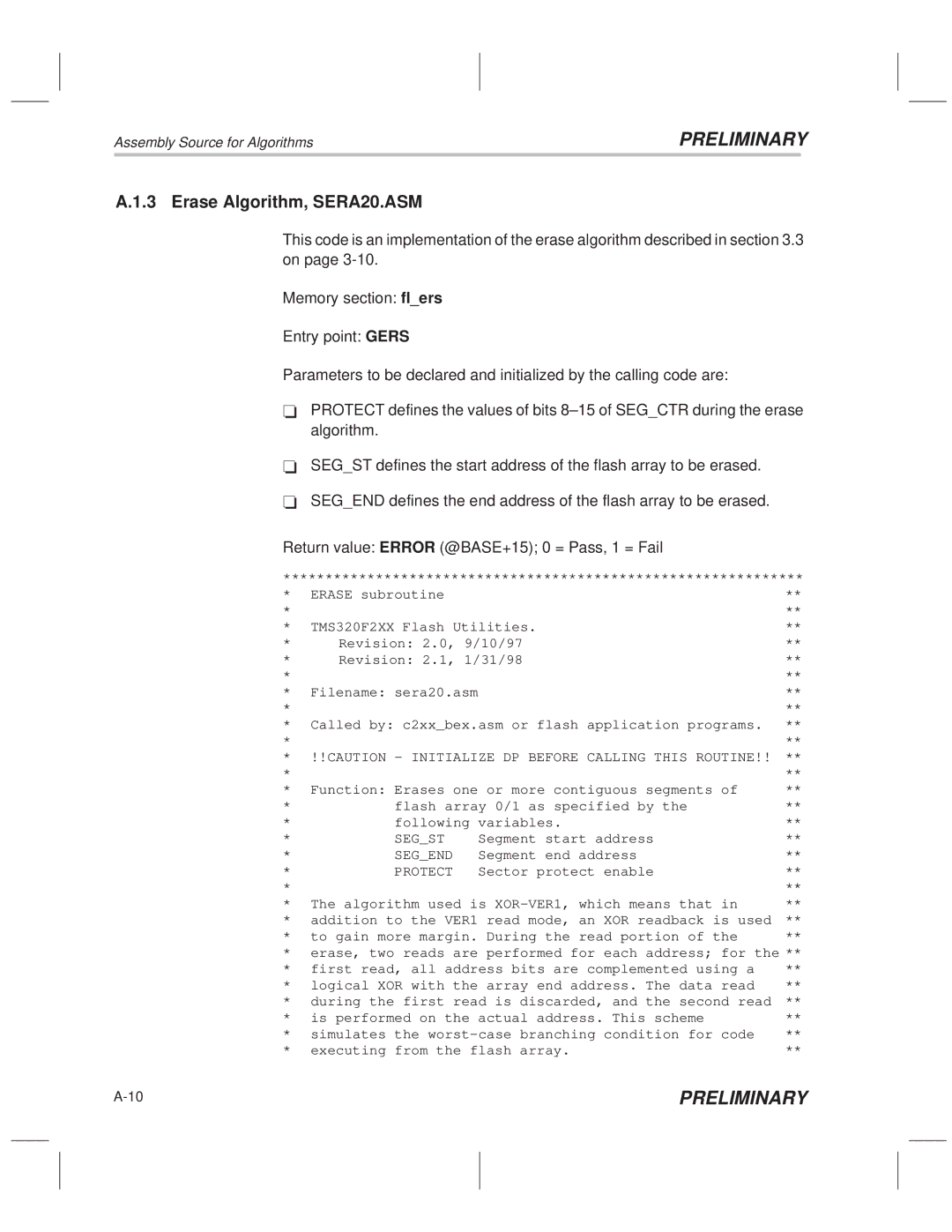 Texas Instruments TMS320F20x/F24x DSP manual Erase Algorithm, SERA20.ASM, Segst 