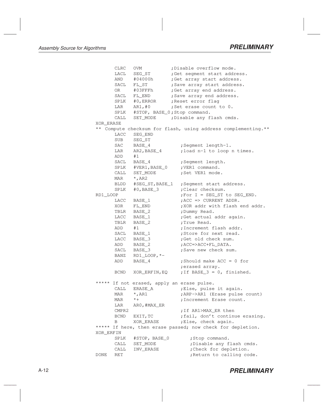 Texas Instruments TMS320F20x/F24x DSP manual Clrc OVM, Sacl Flend, Call Setmode, Xorerase, Lacc Segend SUB Segst SAC BASE4 