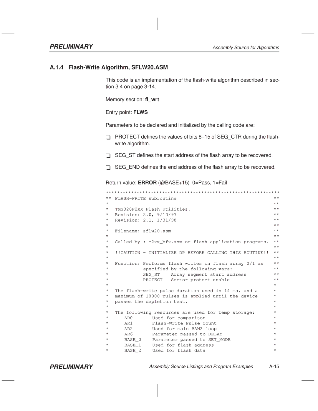 Texas Instruments TMS320F20x/F24x DSP manual Flash-Write Algorithm, SFLW20.ASM, Segst 