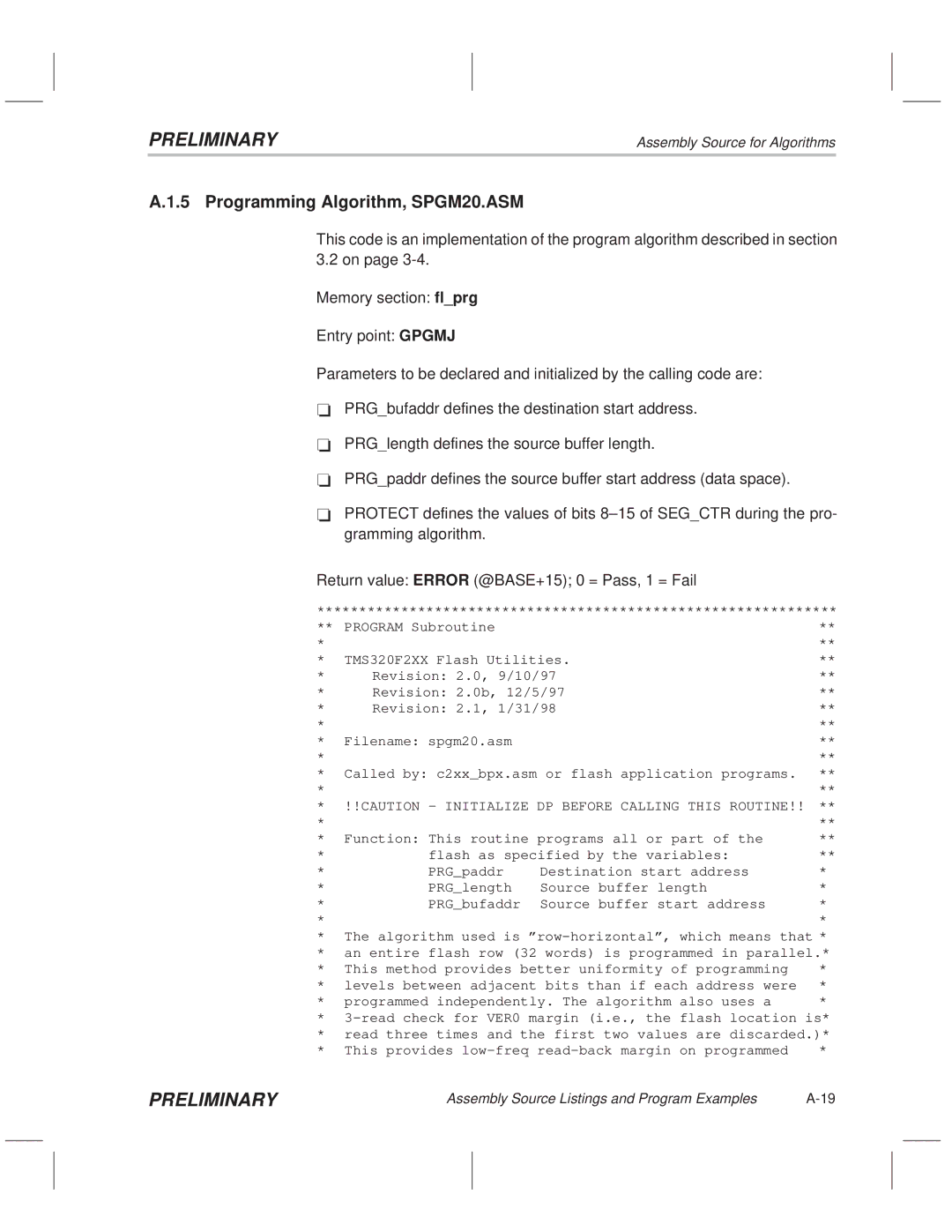 Texas Instruments TMS320F20x/F24x DSP manual Programming Algorithm, SPGM20.ASM 