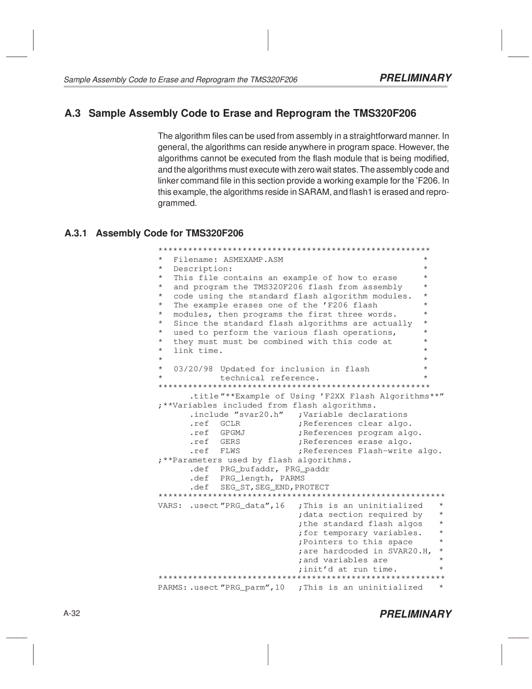 Texas Instruments TMS320F20x/F24x DSP manual Sample Assembly Code to Erase and Reprogram the TMS320F206 