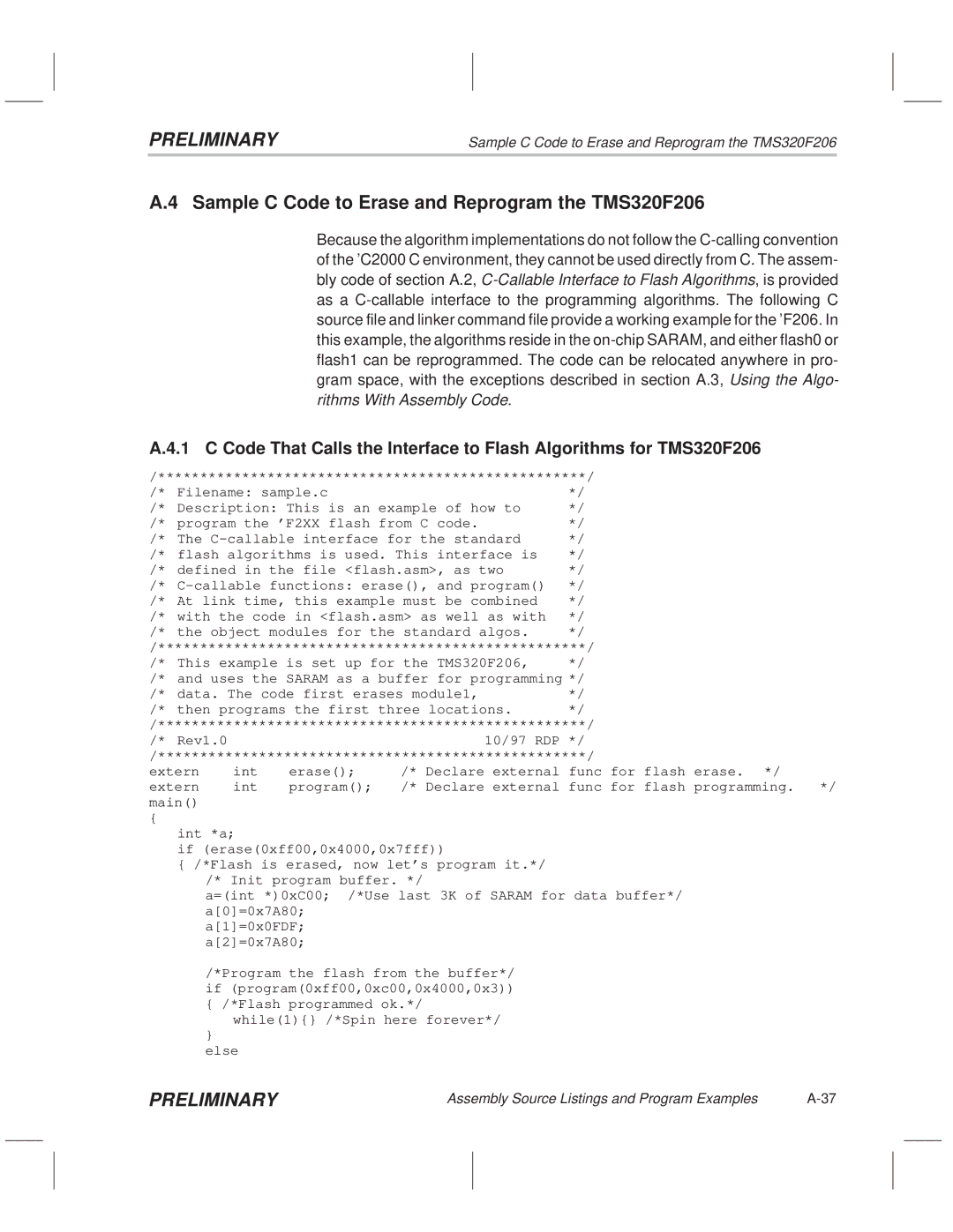 Texas Instruments TMS320F20x/F24x DSP manual Sample C Code to Erase and Reprogram the TMS320F206 