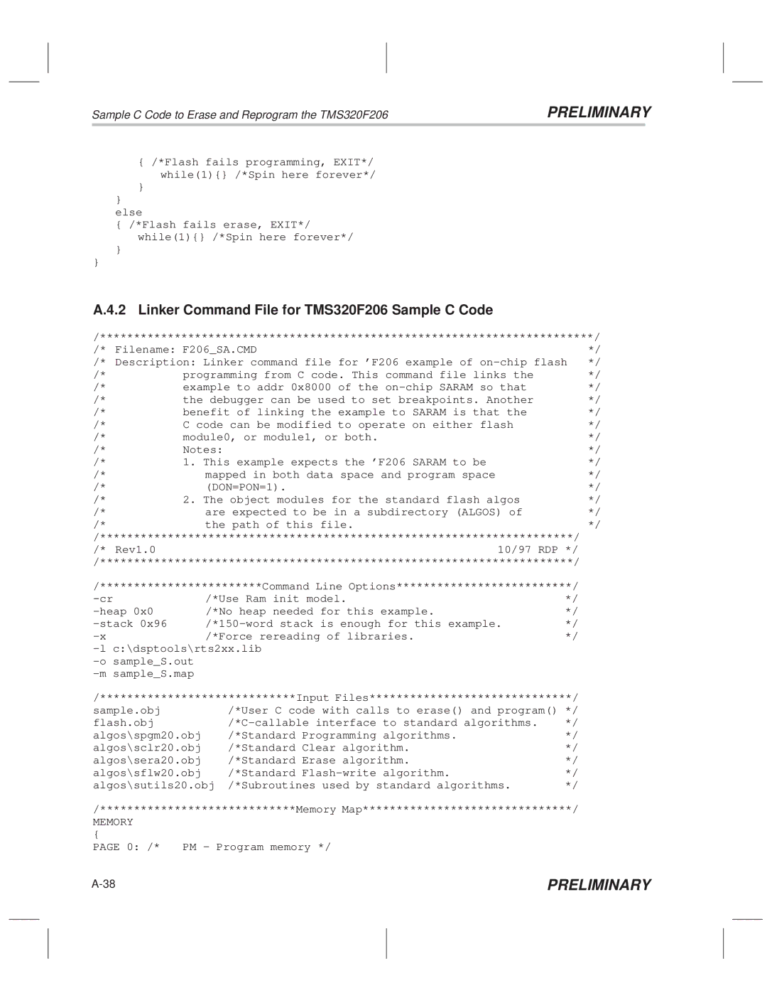 Texas Instruments TMS320F20x/F24x DSP manual Linker Command File for TMS320F206 Sample C Code, Memory 