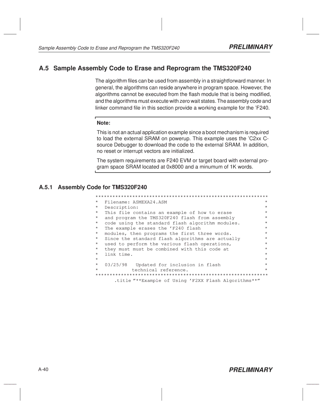 Texas Instruments TMS320F20x/F24x DSP manual Sample Assembly Code to Erase and Reprogram the TMS320F240 