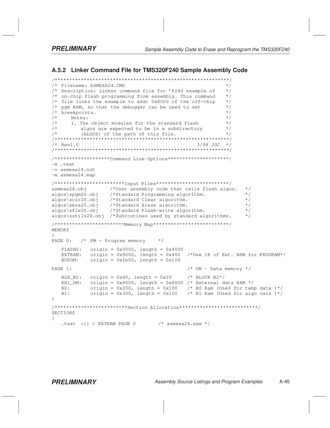 Texas Instruments TMS320F20x/F24x DSP manual Linker Command File for TMS320F240 Sample Assembly Code, Extram, B0PGM 