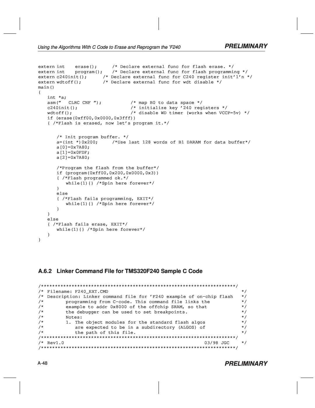 Texas Instruments TMS320F20x/F24x DSP manual A.6.2 Linker Command File for TMS320F240 Sample C Code, Preliminary, A-48 