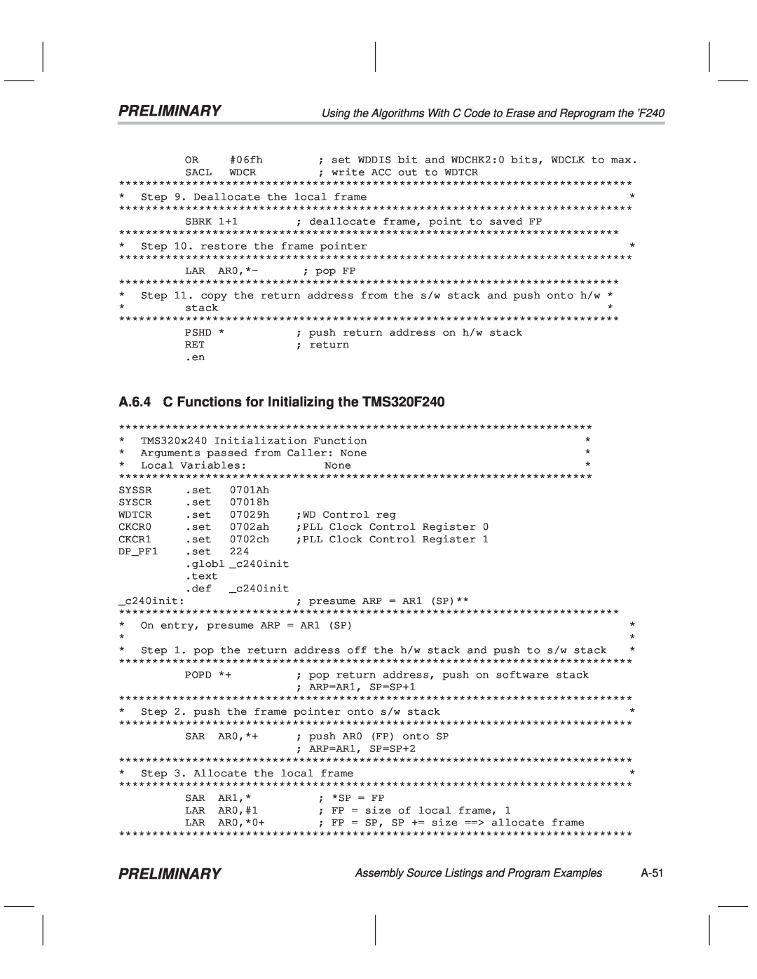 Texas Instruments TMS320F20x/F24x DSP manual A.6.4 C Functions for Initializing the TMS320F240, Preliminary, A-51 