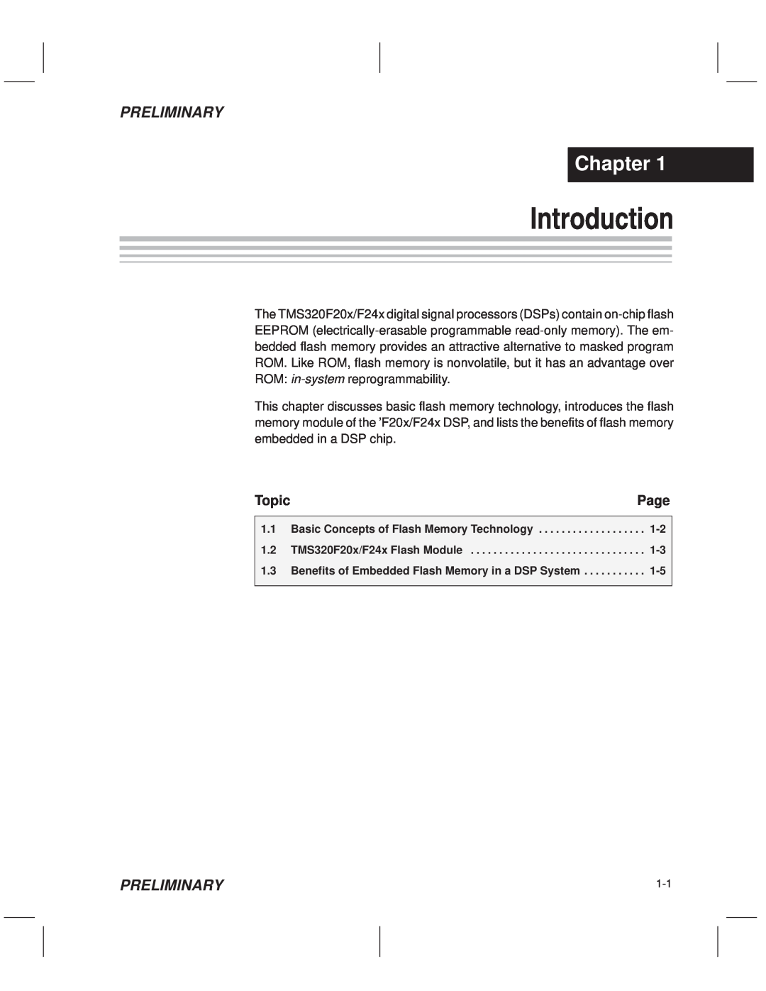 Texas Instruments TMS320F20x/F24x DSP manual Introduction, Chapter, Page, Topic, Preliminary 