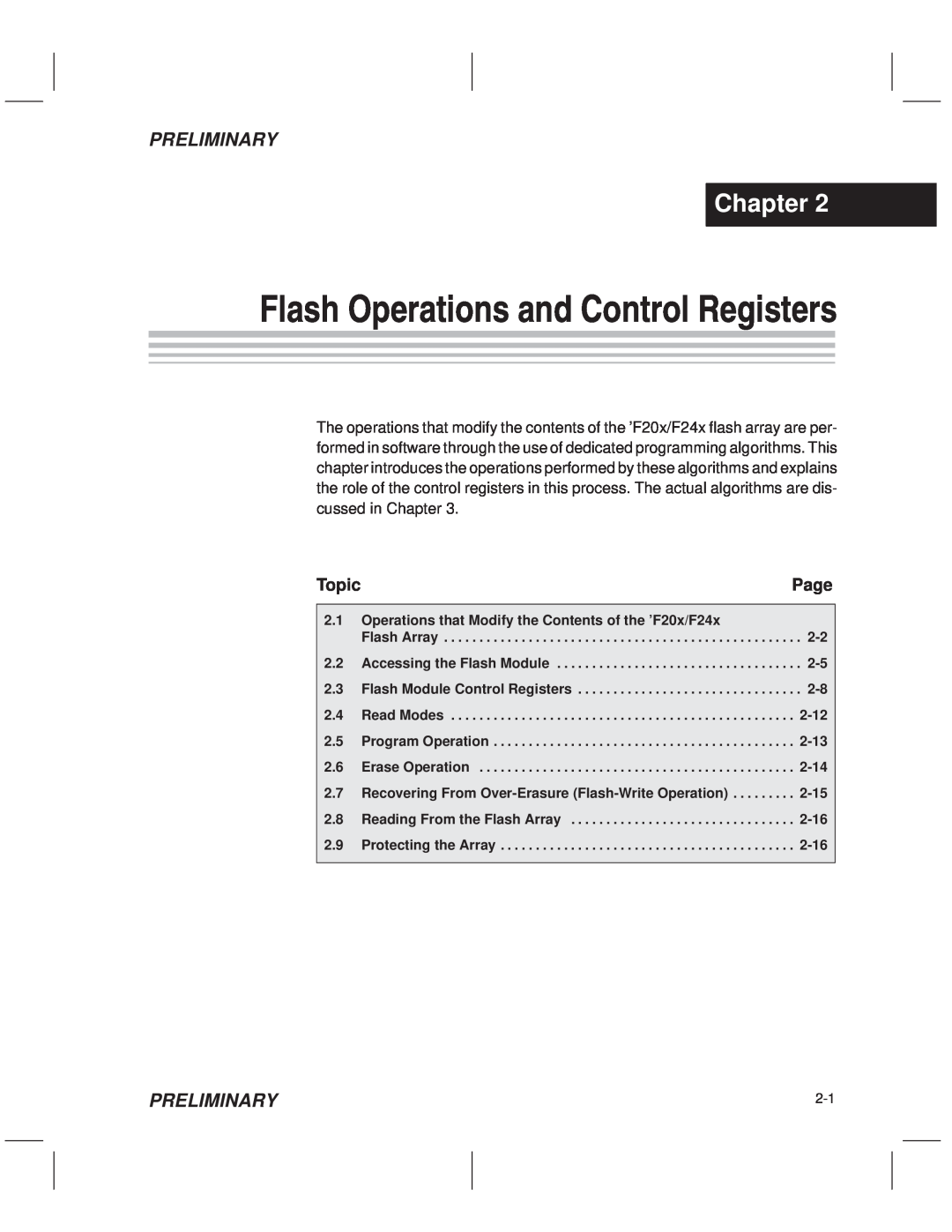 Texas Instruments TMS320F20x/F24x DSP manual Topic, Page, Flash Operations and Control Registers, Chapter, Preliminary 
