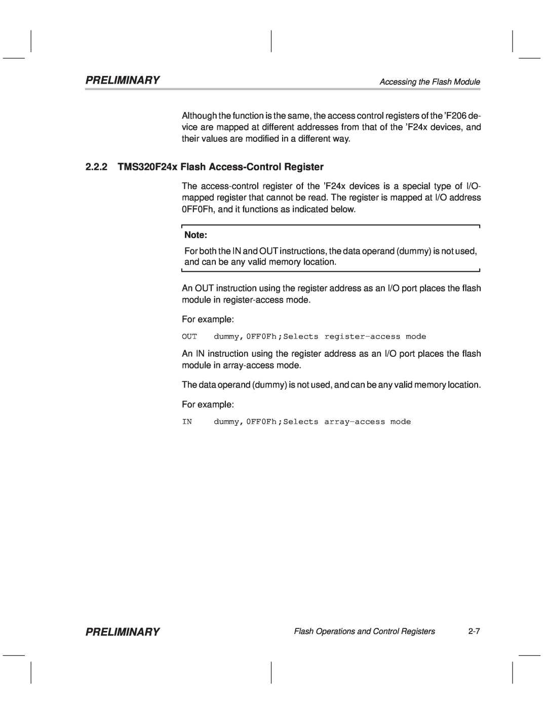 Texas Instruments TMS320F20x/F24x DSP manual 2.2.2 TMS320F24x Flash Access-Control Register, Preliminary 