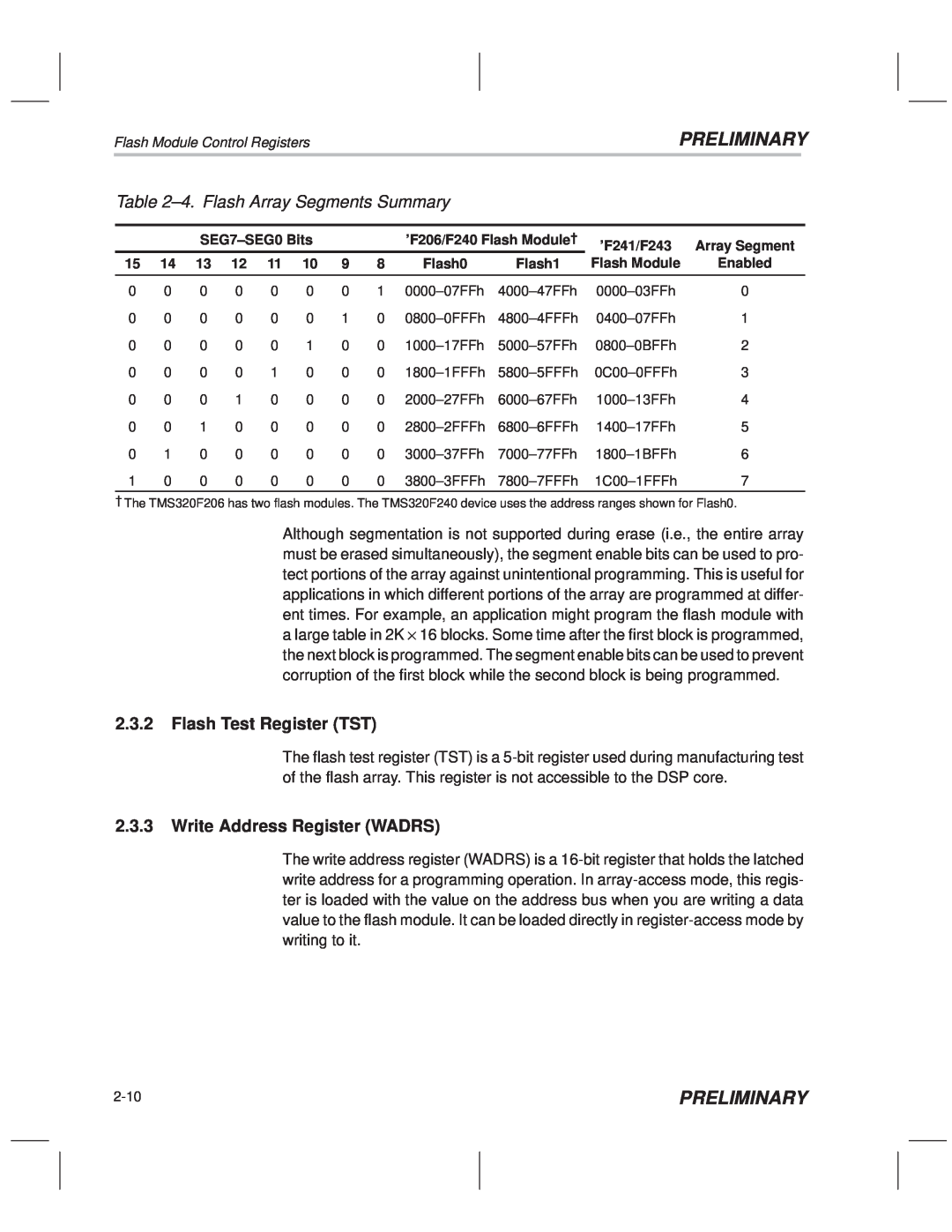 Texas Instruments TMS320F20x/F24x DSP manual ±4. Flash Array Segments Summary, Flash Test Register TST, Preliminary 
