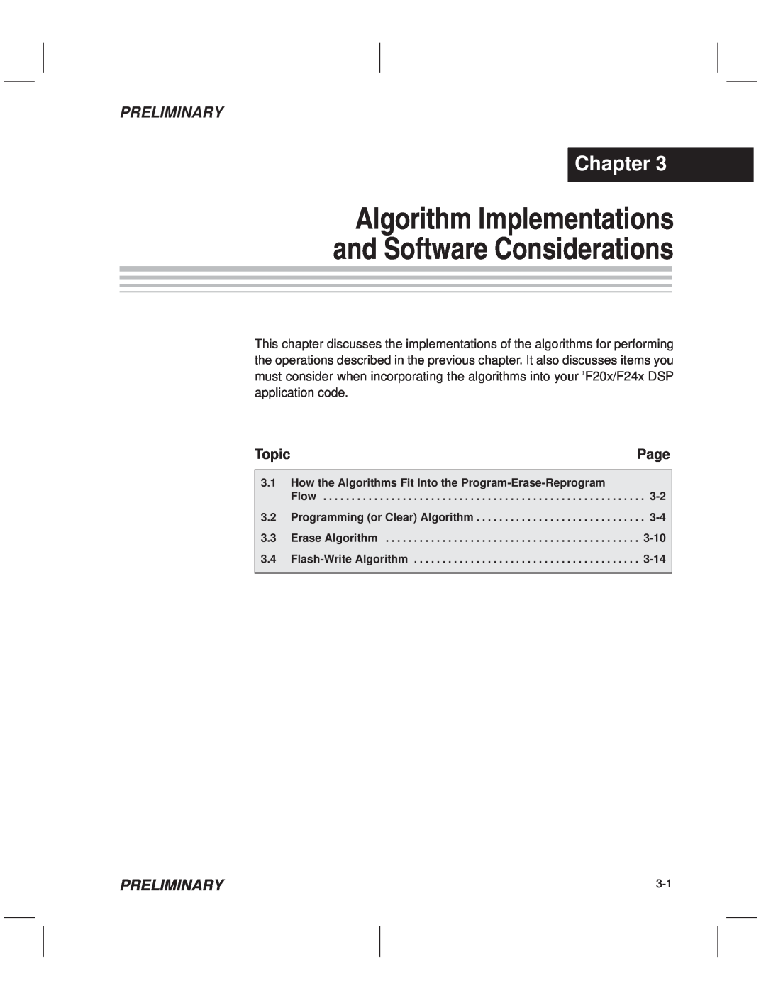 Texas Instruments TMS320F20x/F24x DSP Algorithm Implementations and Software Considerations, Chapter, Preliminary, Topic 