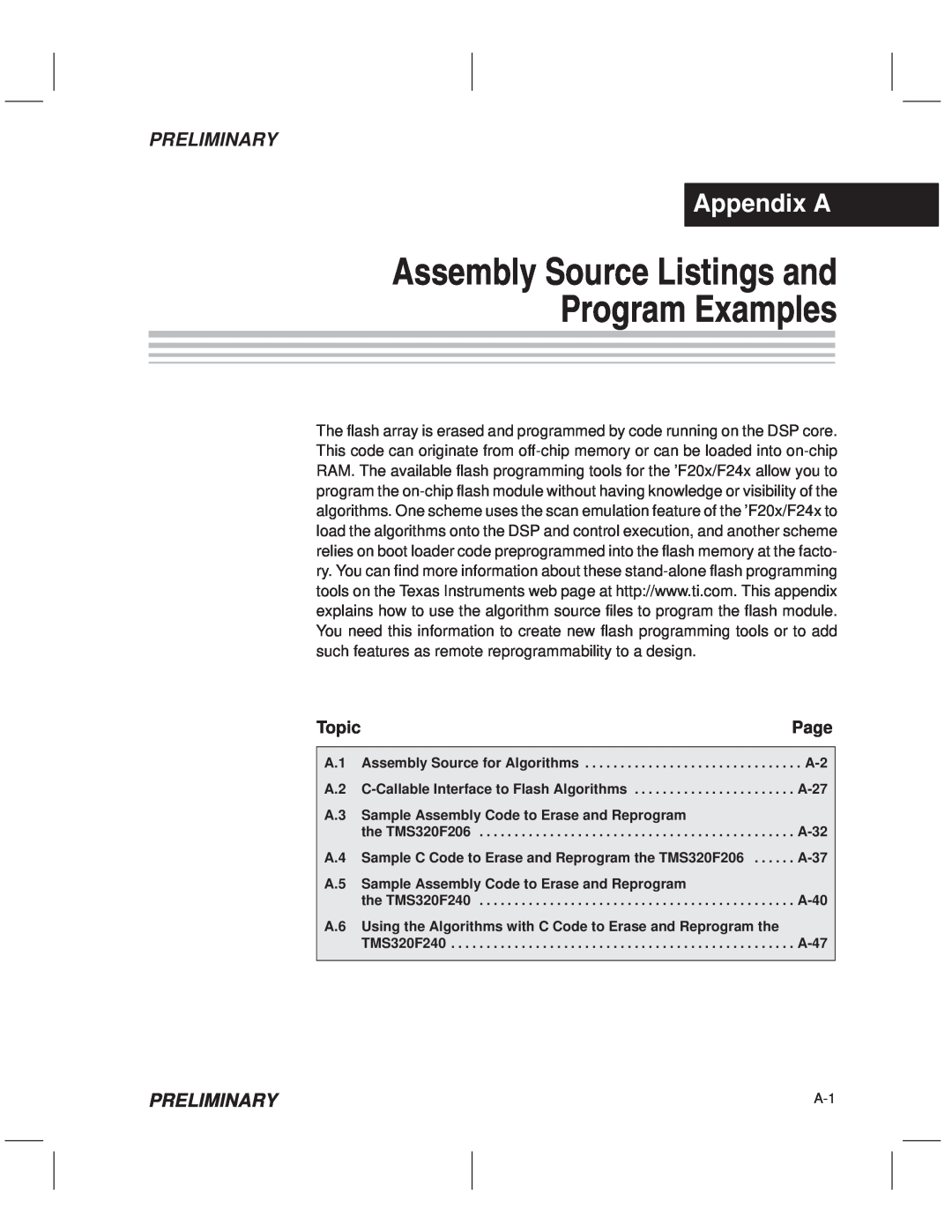 Texas Instruments TMS320F20x/F24x DSP Assembly Source Listings and Program Examples, AppendixAppendixAA, Preliminary, Page 