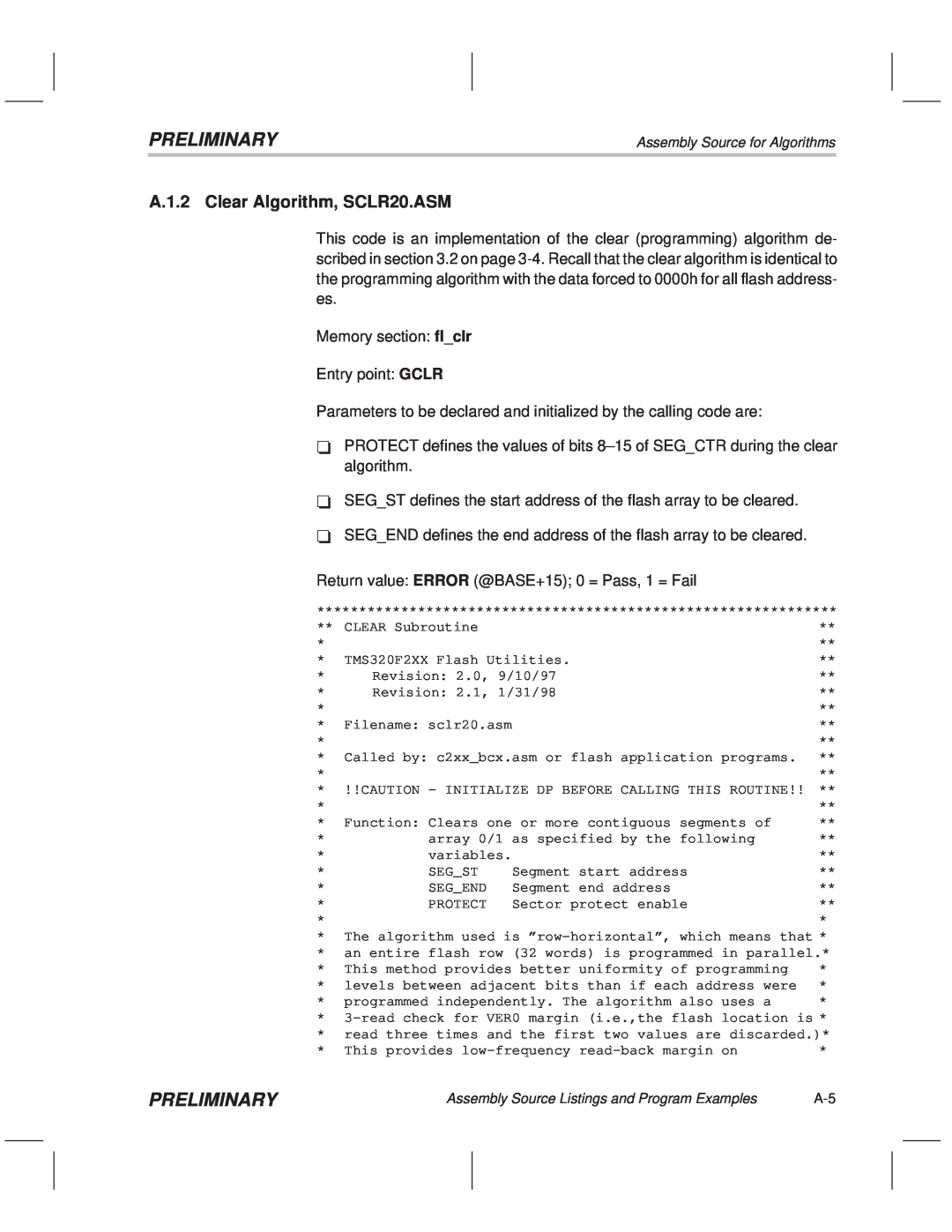 Texas Instruments TMS320F20x/F24x DSP manual A.1.2 Clear Algorithm, SCLR20.ASM, Preliminary 