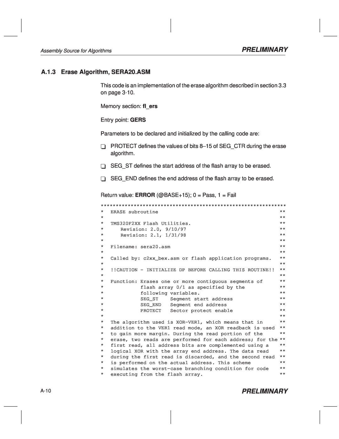 Texas Instruments TMS320F20x/F24x DSP manual A.1.3 Erase Algorithm, SERA20.ASM, Preliminary, A-10 