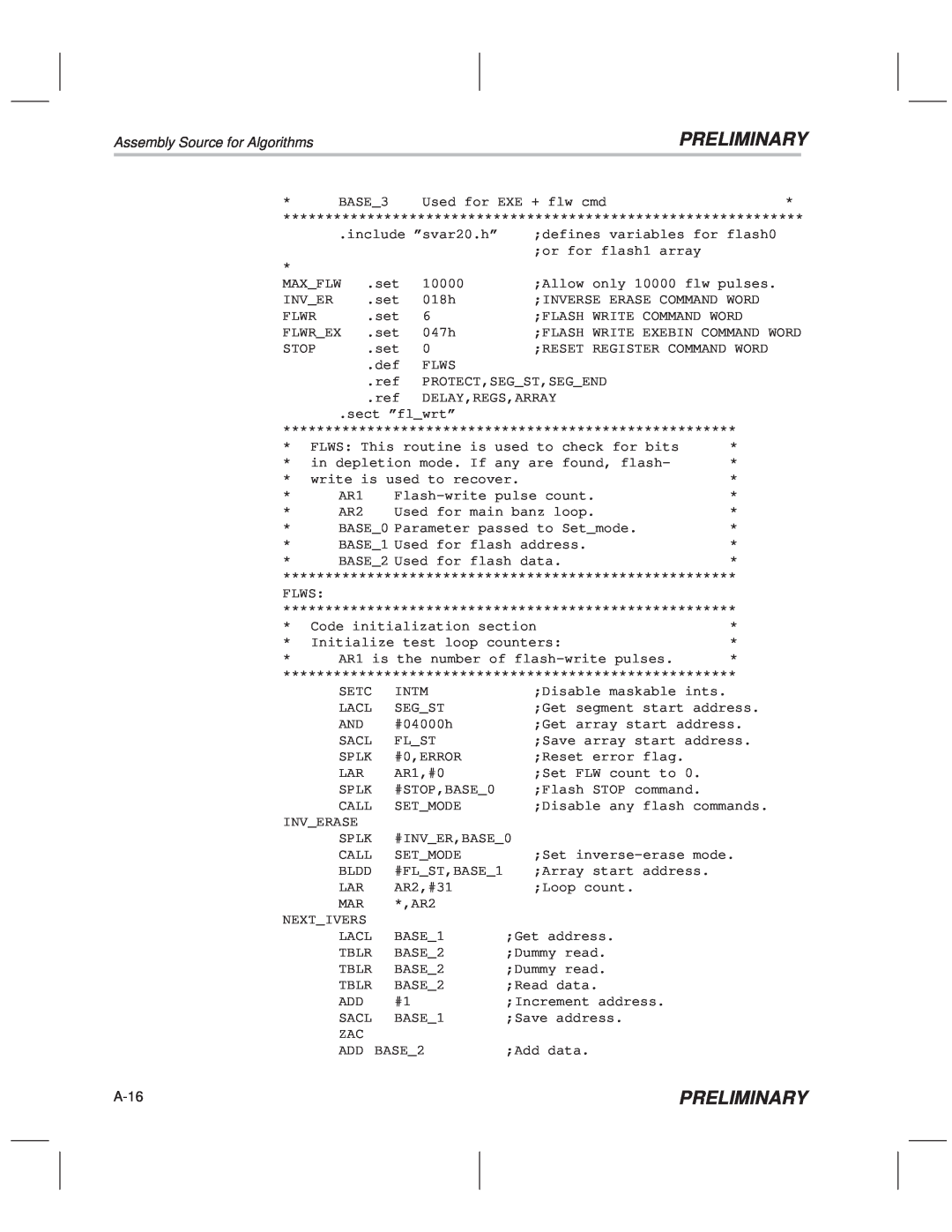 Texas Instruments TMS320F20x/F24x DSP manual Preliminary, Assembly Source for Algorithms, A-16 