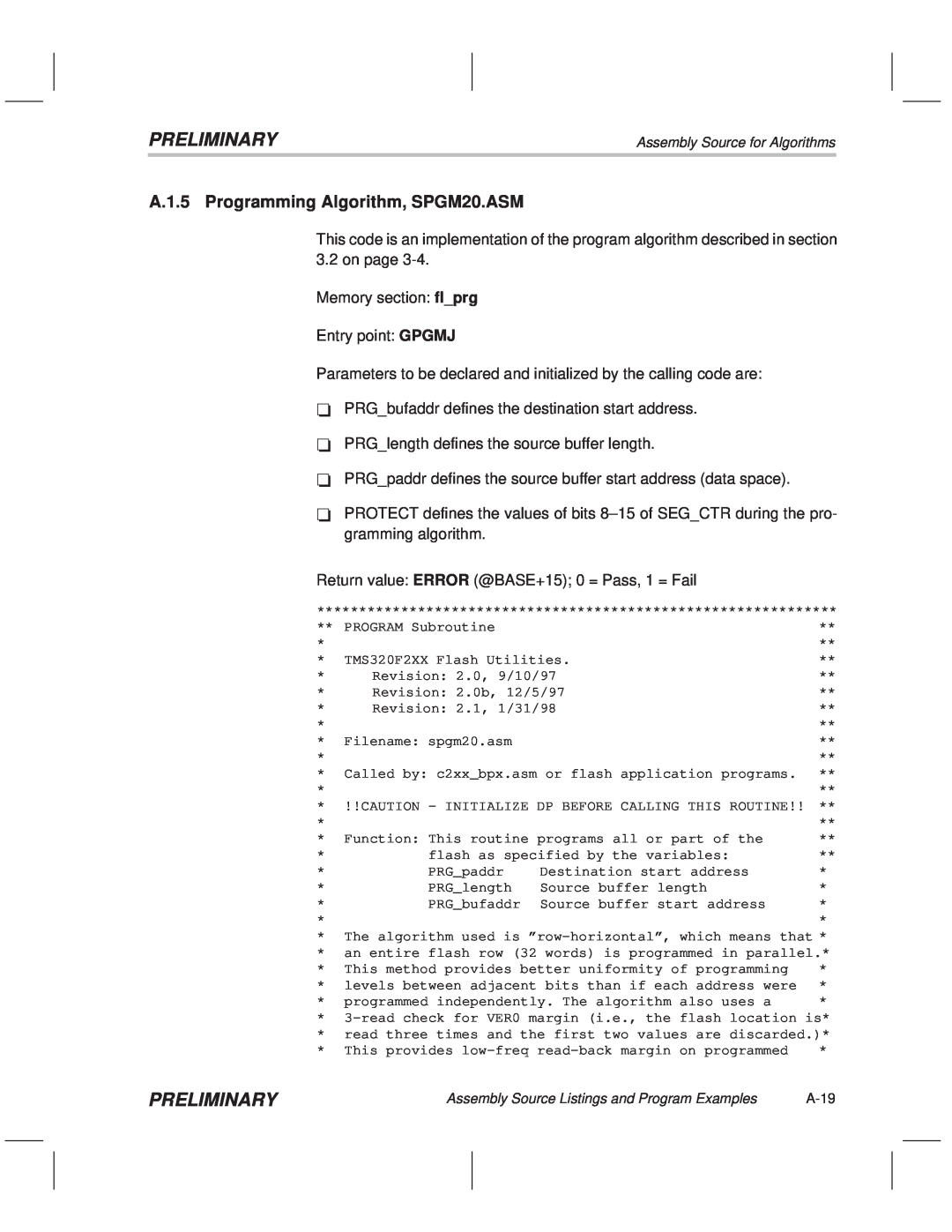 Texas Instruments TMS320F20x/F24x DSP manual A.1.5 Programming Algorithm, SPGM20.ASM, Preliminary 