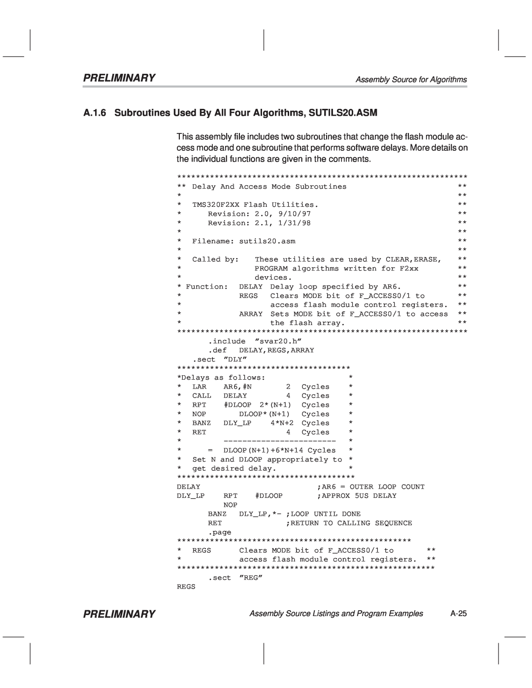 Texas Instruments TMS320F20x/F24x DSP manual A.1.6 Subroutines Used By All Four Algorithms, SUTILS20.ASM, Preliminary, A-25 