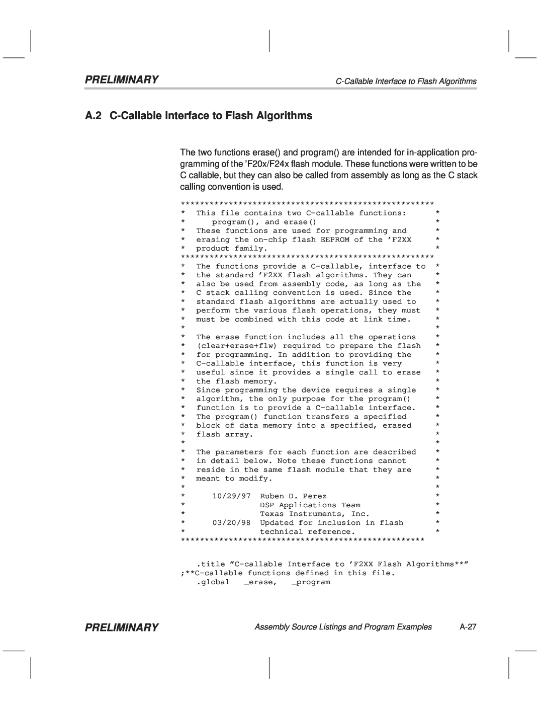 Texas Instruments TMS320F20x/F24x DSP manual A.2 C-Callable Interface to Flash Algorithms, Preliminary, A-27 