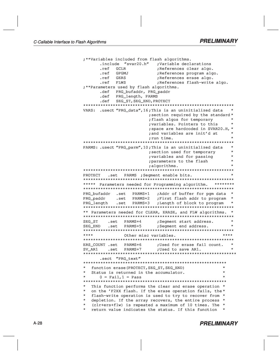 Texas Instruments TMS320F20x/F24x DSP manual Preliminary, C-Callable Interface to Flash Algorithms, A-28 