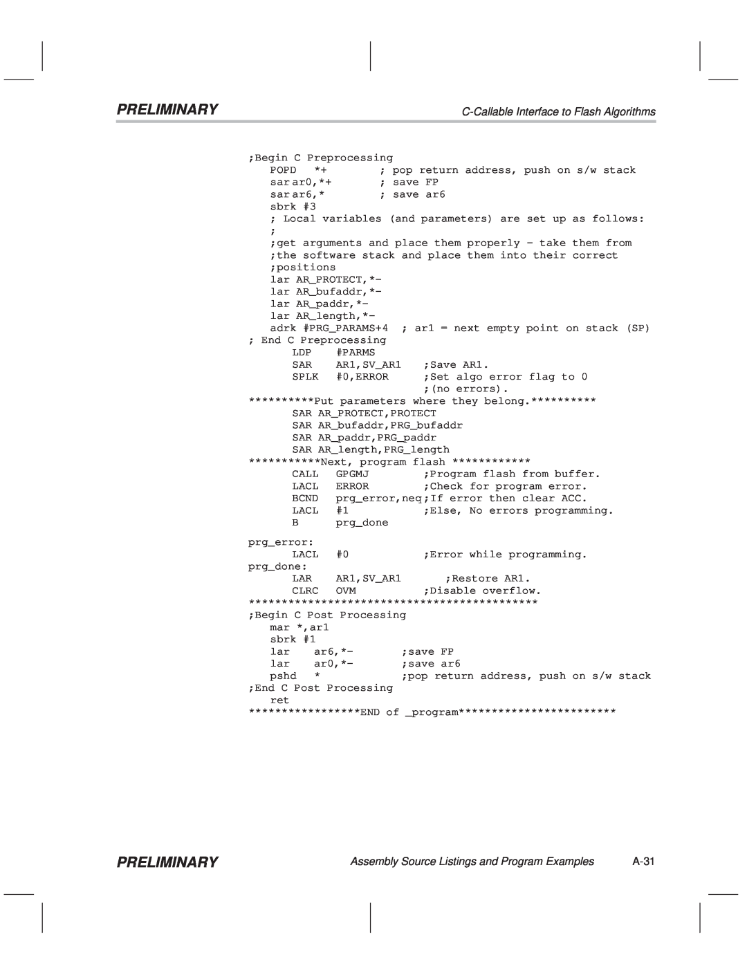 Texas Instruments TMS320F20x/F24x DSP manual Preliminary, C-Callable Interface to Flash Algorithms, A-31 