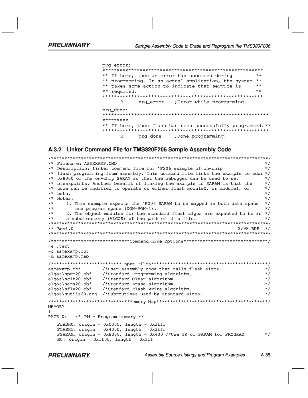 Texas Instruments TMS320F20x/F24x DSP manual Preliminary, Sample Assembly Code to Erase and Reprogram the TMS320F206, A-35 