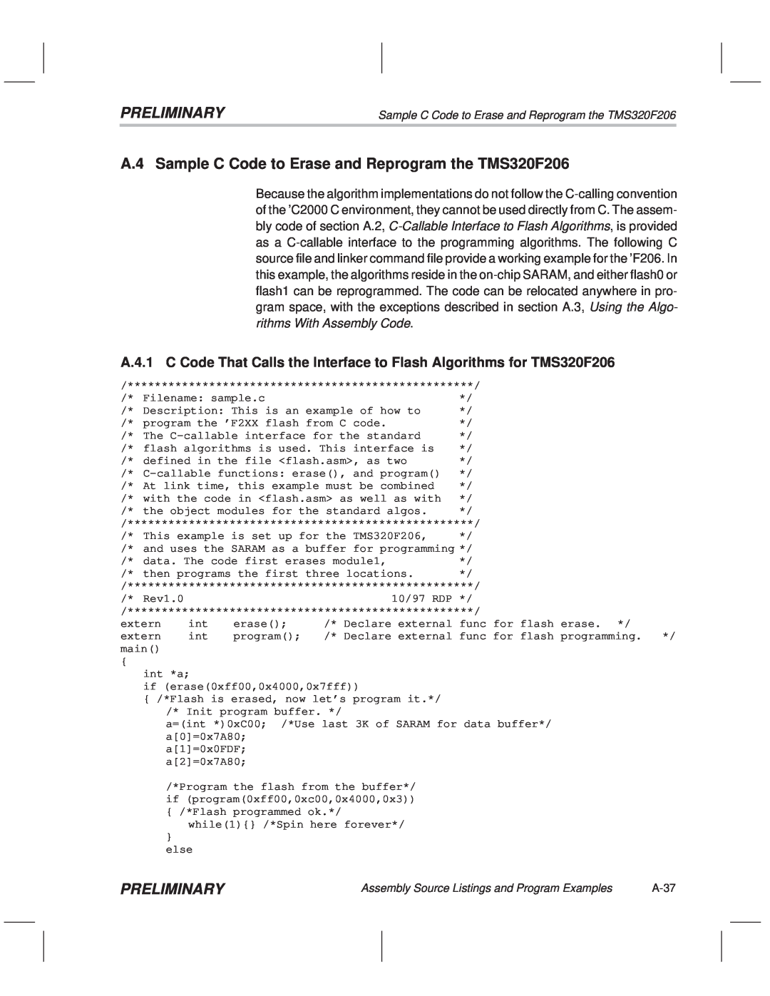 Texas Instruments TMS320F20x/F24x DSP manual A.4 Sample C Code to Erase and Reprogram the TMS320F206, Preliminary 