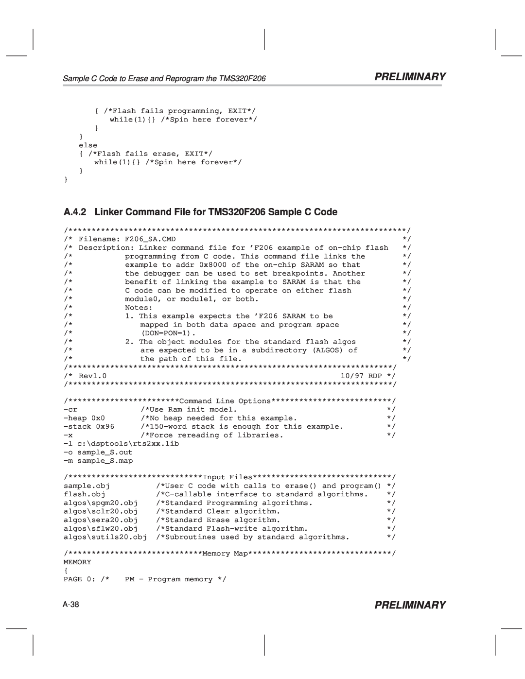 Texas Instruments TMS320F20x/F24x DSP manual A.4.2 Linker Command File for TMS320F206 Sample C Code, Preliminary, A-38 