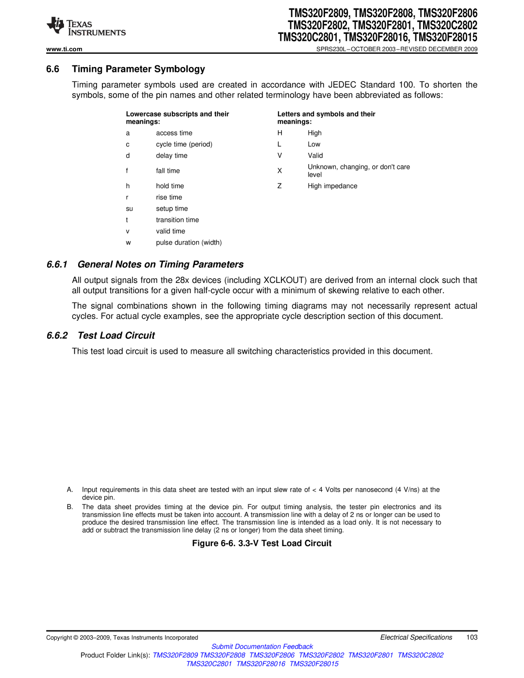 Texas Instruments TMS320F2801 Timing Parameter Symbology, General Notes on Timing Parameters, Test Load Circuit, 85 pF 