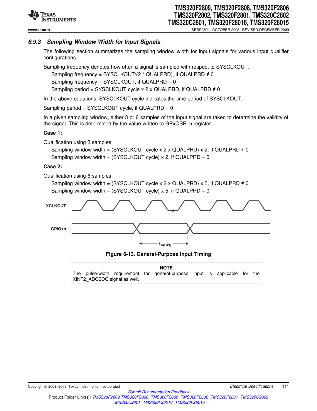 Texas Instruments TMS320C2801, TMS320F2809, TMS320F2808, TMS320C2802 Sampling Window Width for Input Signals, Case, GPIOxn 