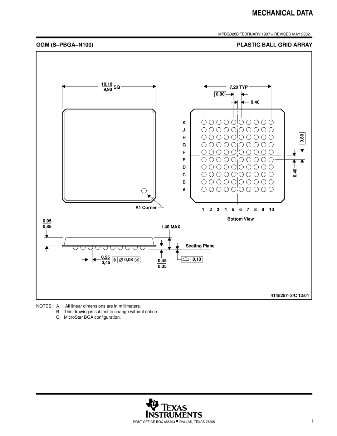 Texas Instruments TMS320F2806, TMS320F2809, TMS320F2808 GGM S-PBGA-N100, 10,10 20 TYP, 40 MAX, 4145257-3/C 12/01 