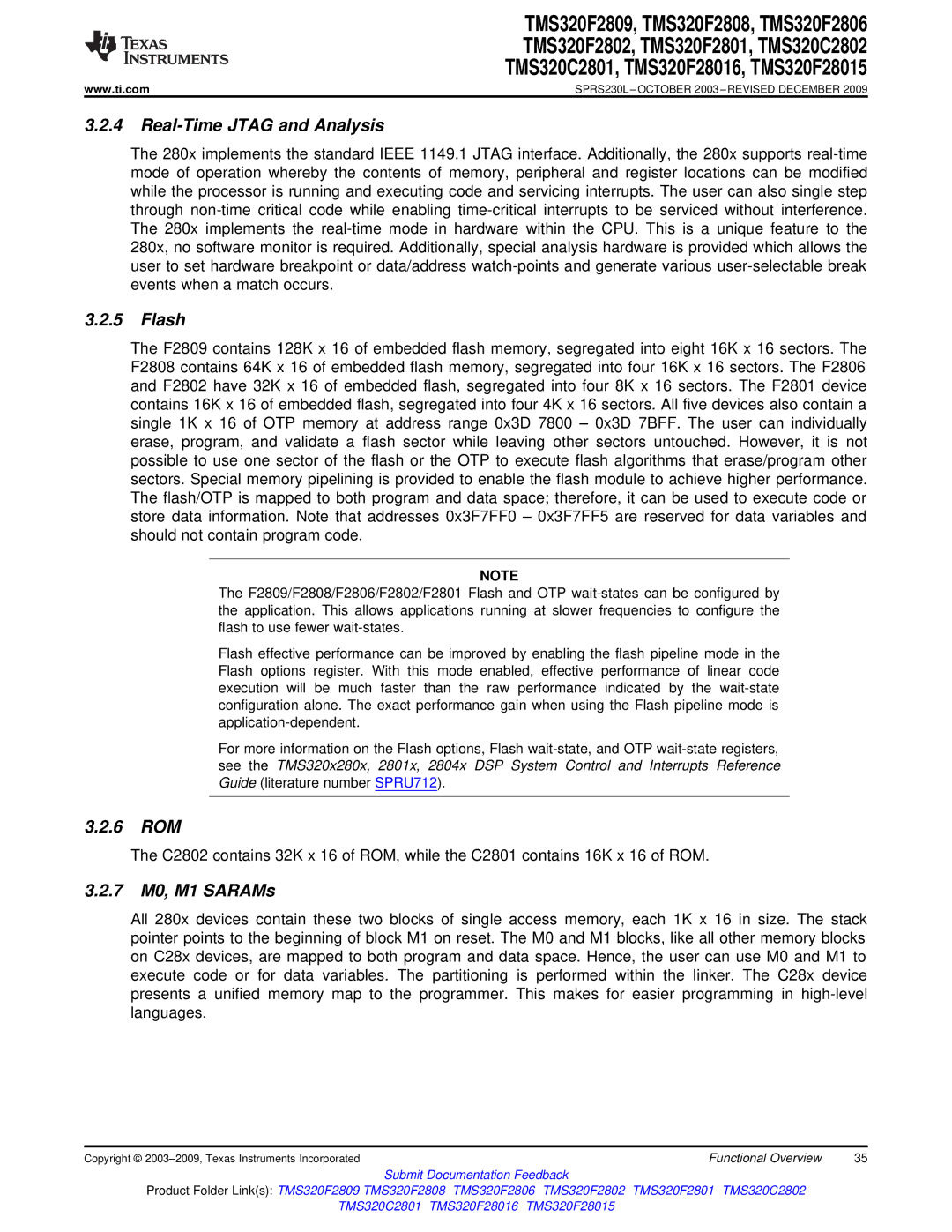 Texas Instruments TMS320F2802, TMS320F2809, TMS320F2808 Real-Time Jtag and Analysis, Flash, 6 ROM, 7 M0, M1 SARAMs 