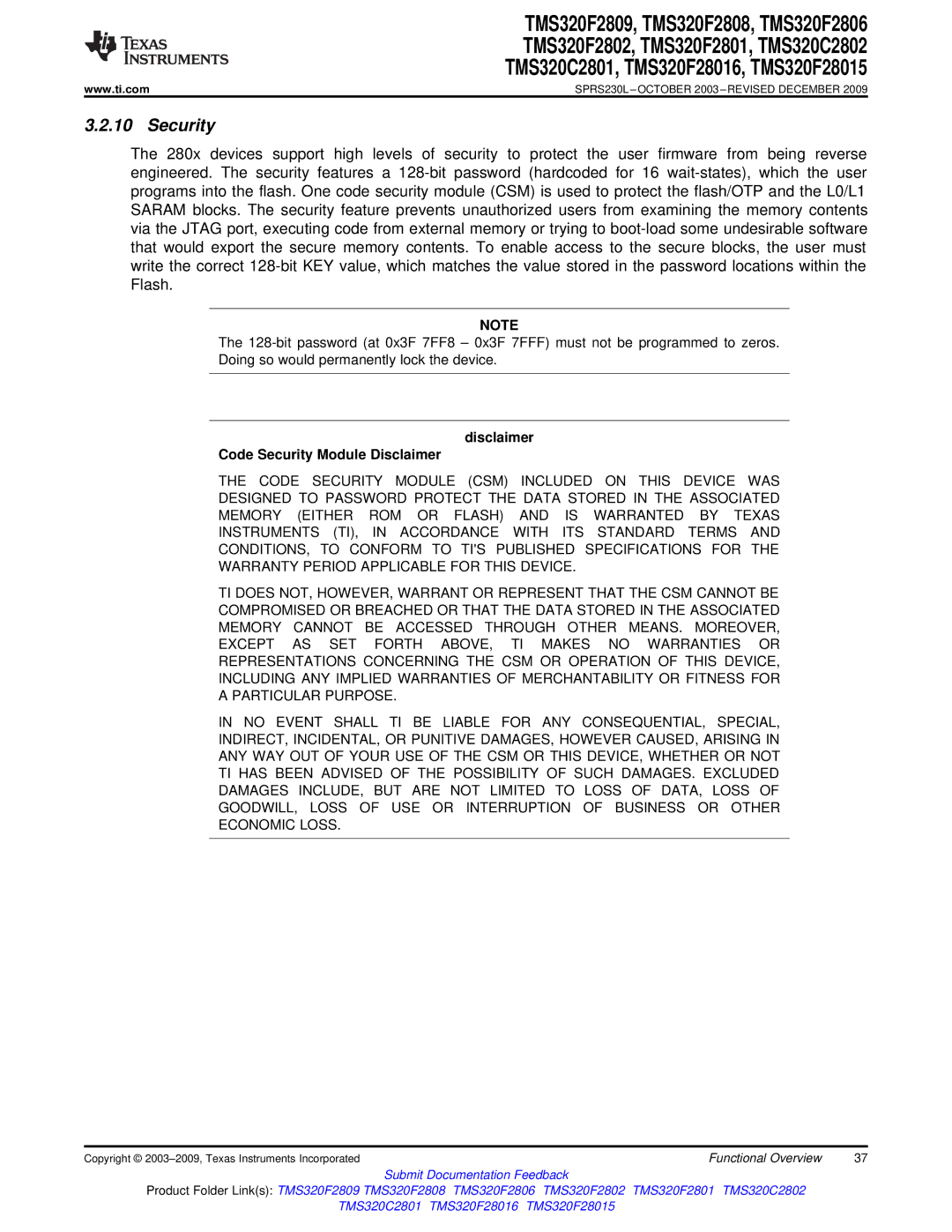 Texas Instruments TMS320F2808, TMS320F2809, TMS320C2802, TMS320C2801 Disclaimer Code Security Module Disclaimer 