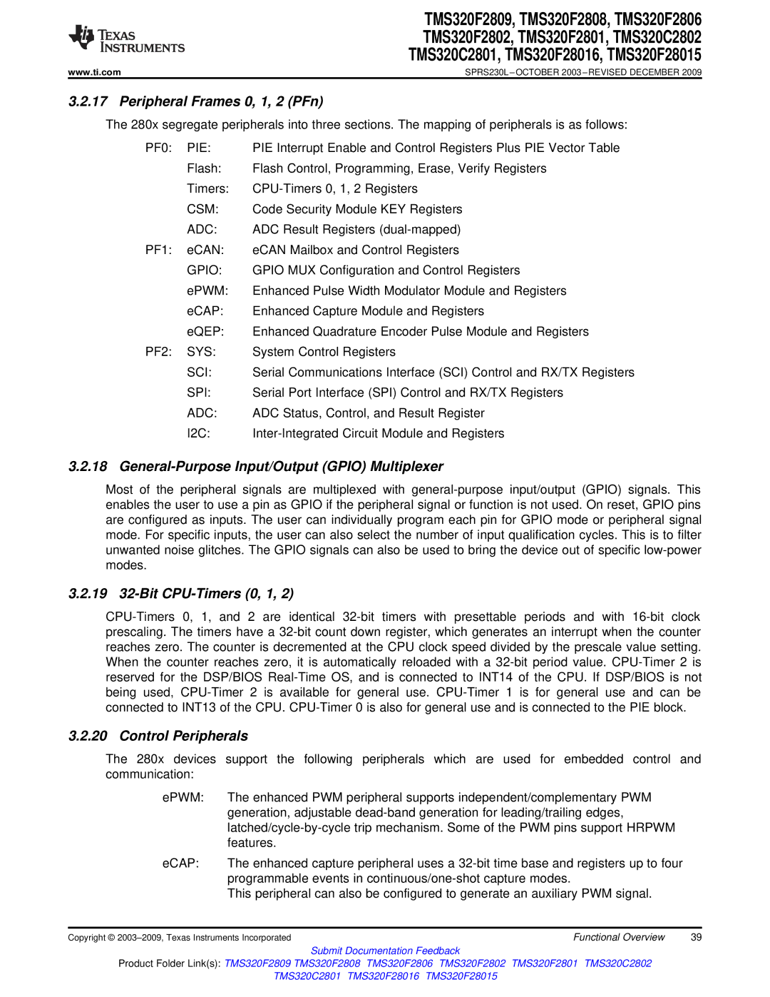 Texas Instruments TMS320C2801, TMS320F2809 Peripheral Frames 0, 1, 2 PFn, General-Purpose Input/Output Gpio Multiplexer 