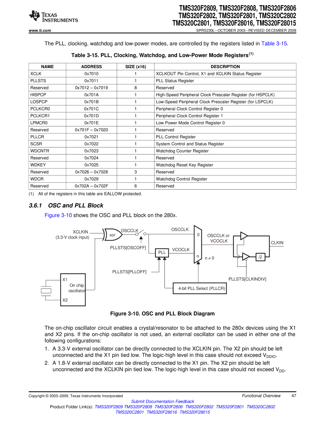 Texas Instruments TMS320C2802, TMS320F2809 OSC and PLL Block, PLL, Clocking, Watchdog, and Low-Power Mode Registers1 