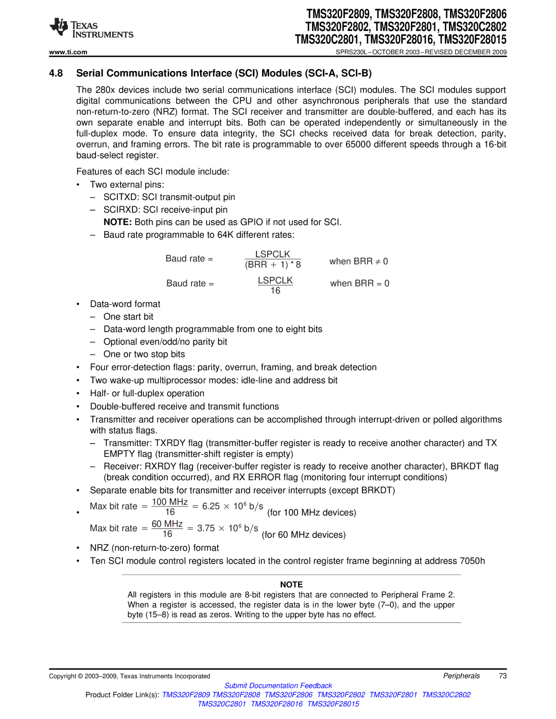 Texas Instruments TMS320F2808, TMS320F2809, TMS320C2802 Serial Communications Interface SCI Modules SCI-A, SCI-B 