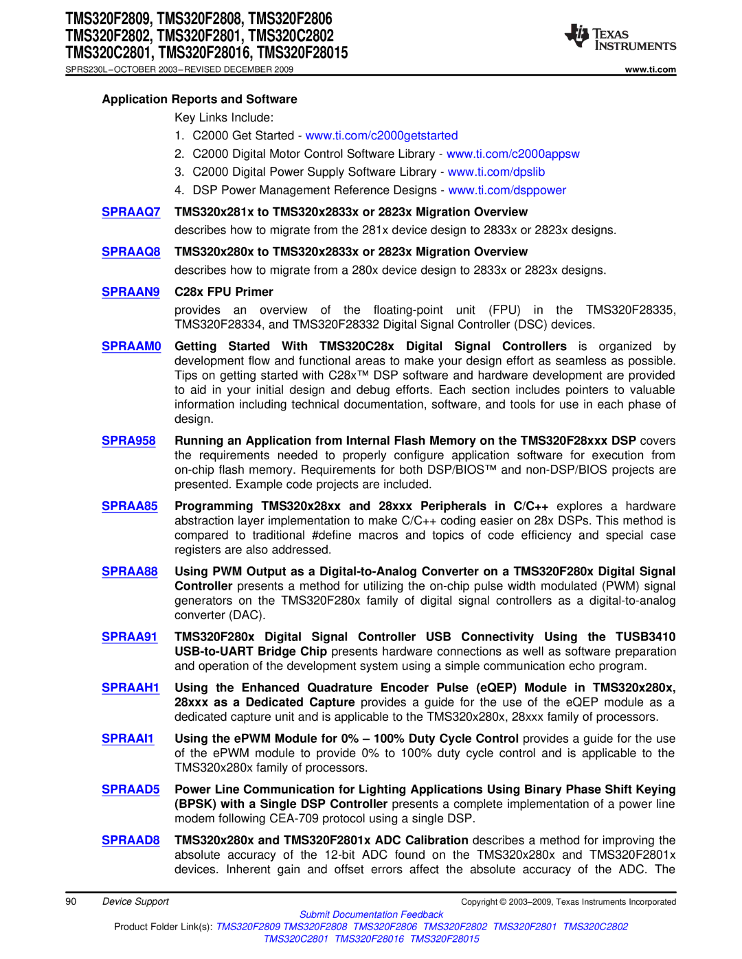 Texas Instruments TMS320F2809 Application Reports and Software, TMS320x281x to TMS320x2833x or 2823x Migration Overview 