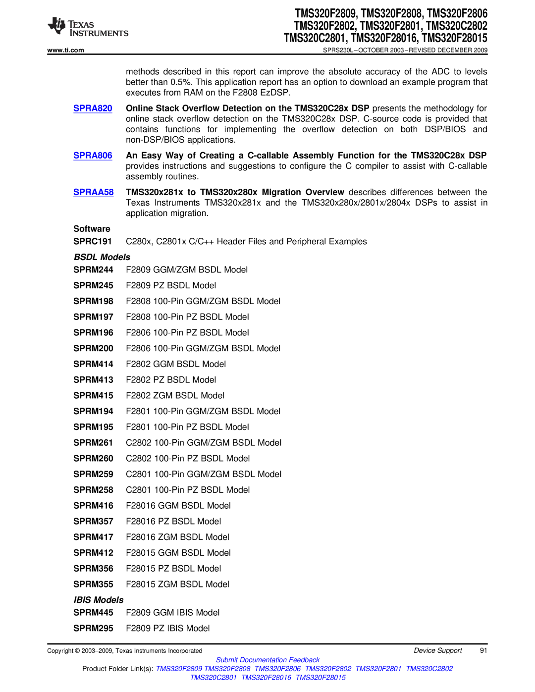 Texas Instruments TMS320F2808, TMS320F2809, TMS320C2802, TMS320C2801, TMS320F28016, TMS320F2806 SPRA820, Software 